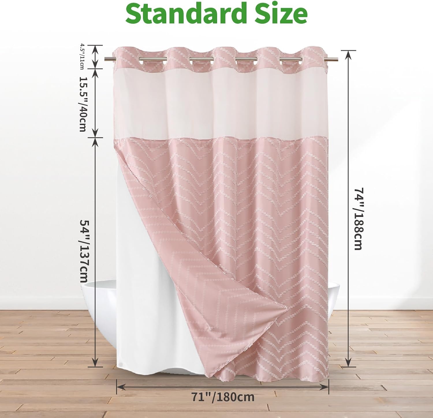 Blush Pink No Hook Shower Curtain with Snap-in Liner Set,Boho Modern Farmhouse White Tufted Chevron Striped Design,Woven Fabric Bathroom Curtain,71x74