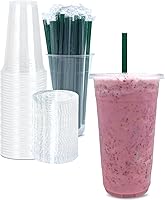Vista 8 de Vasos de plástico transparente de 16 onzas con tapas y popotes, vasos desechables para bebidas frías, café helado, batidos, batidos, 25