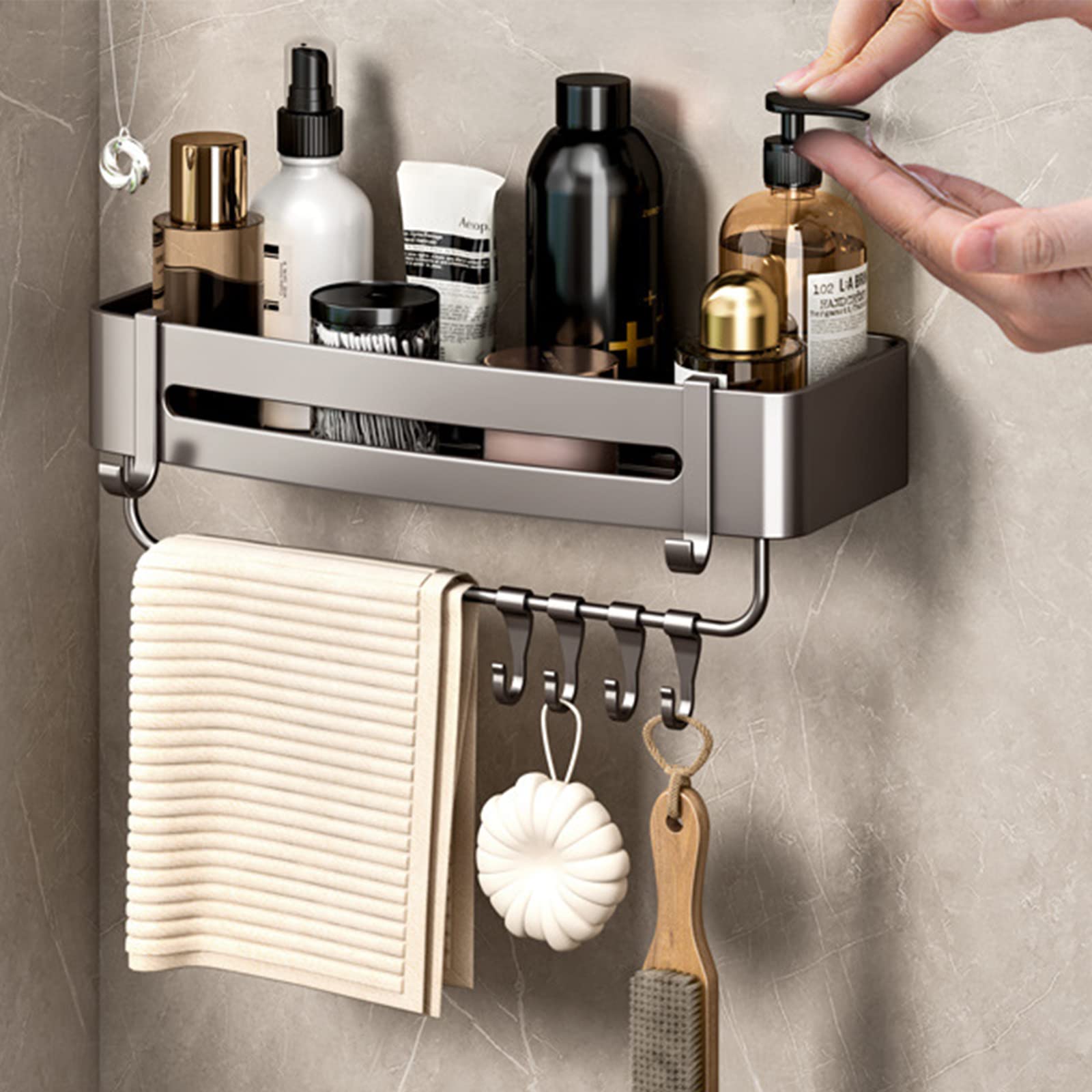 NILYNN Modern Minimalist Silver Wall Mounted Shower Caddy Rust Resistant Aluminum Shower Organizer Racks for Bathroom Kitchen (Small with Bar)