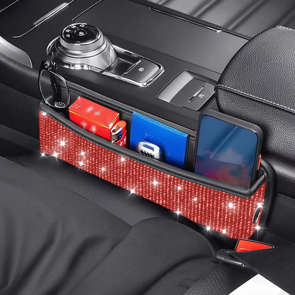 Shiny Bling Diamond Crystal PU Leather Multifunctional Car Seat Console Storage Organizer with Cable Hole Holds Phone Keys Glasses Cards (Red)