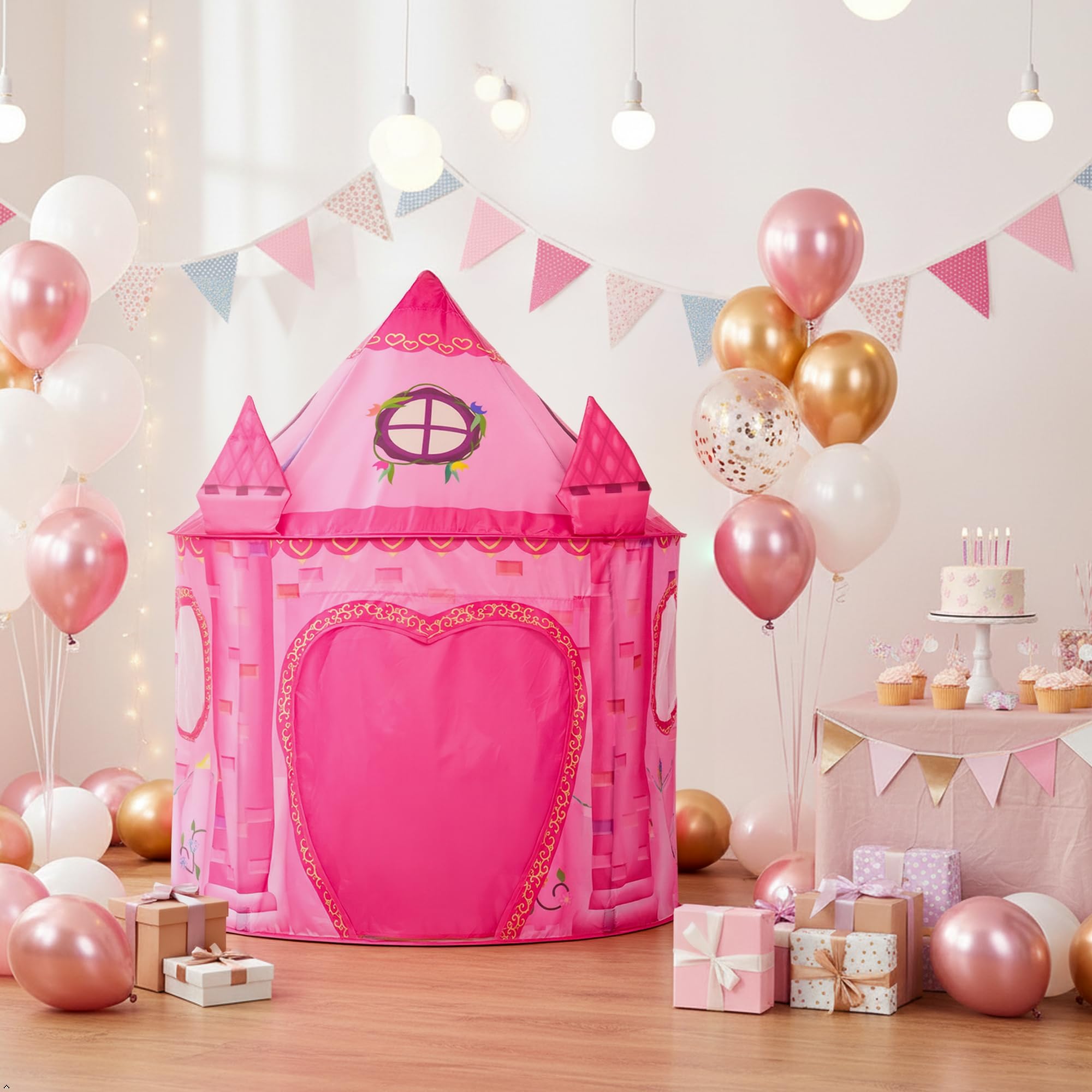 Tenda per bambini castello rosa da interno, pieghevole capanna da gioco