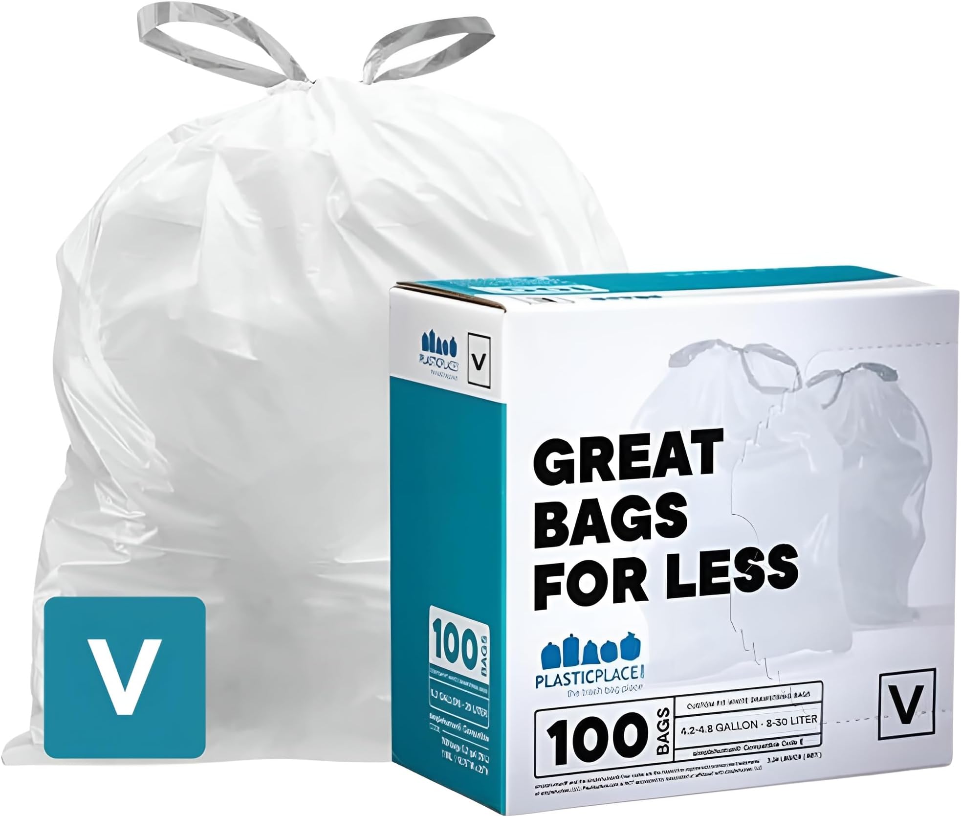 Plasticplace Custom Fit Trash Bags, Compatible with simplehuman Code V (100 Count) White Drawstring Garbage Liners 4.2-4.8 Gallon/ 16-18 Liter, 14.5" x 27.5"
