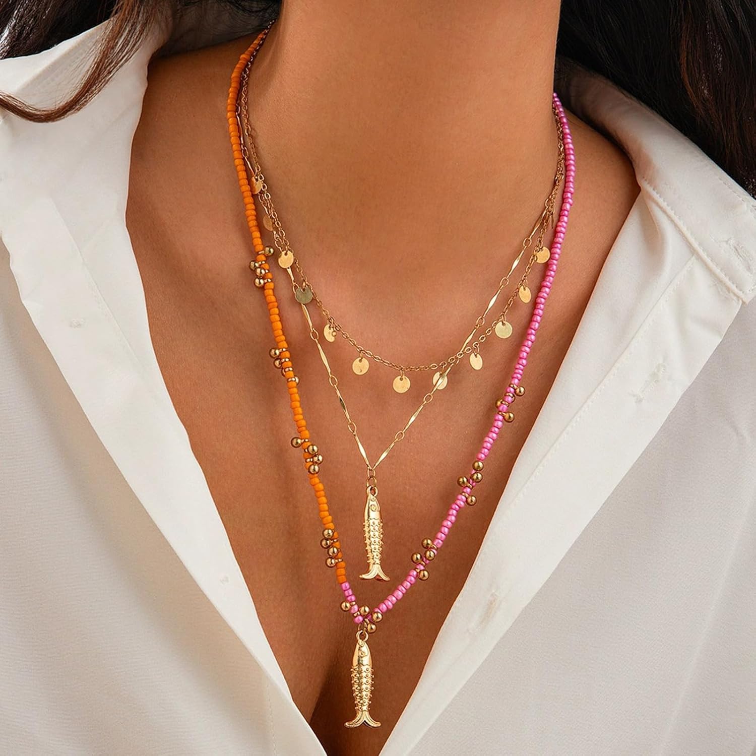 Fish Necklace for Women Beaded Fish Necklace Sardine Pendant Necklaces Trendy Beach Necklaces Summer Ocean Jewelry - Image 3