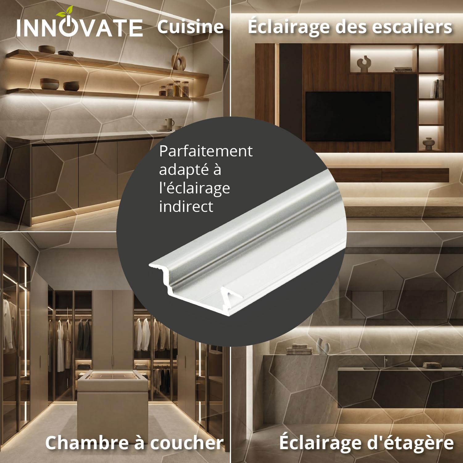 INNOVATE Profilé encastrable LED 2 m [profilé en aluminium 12 x 6 mm] Profilé en aluminium pour bandes LED 2 m I Éclairage indirect Luminaire sous plan de travail cuisine (Noir-noir, Set 5)