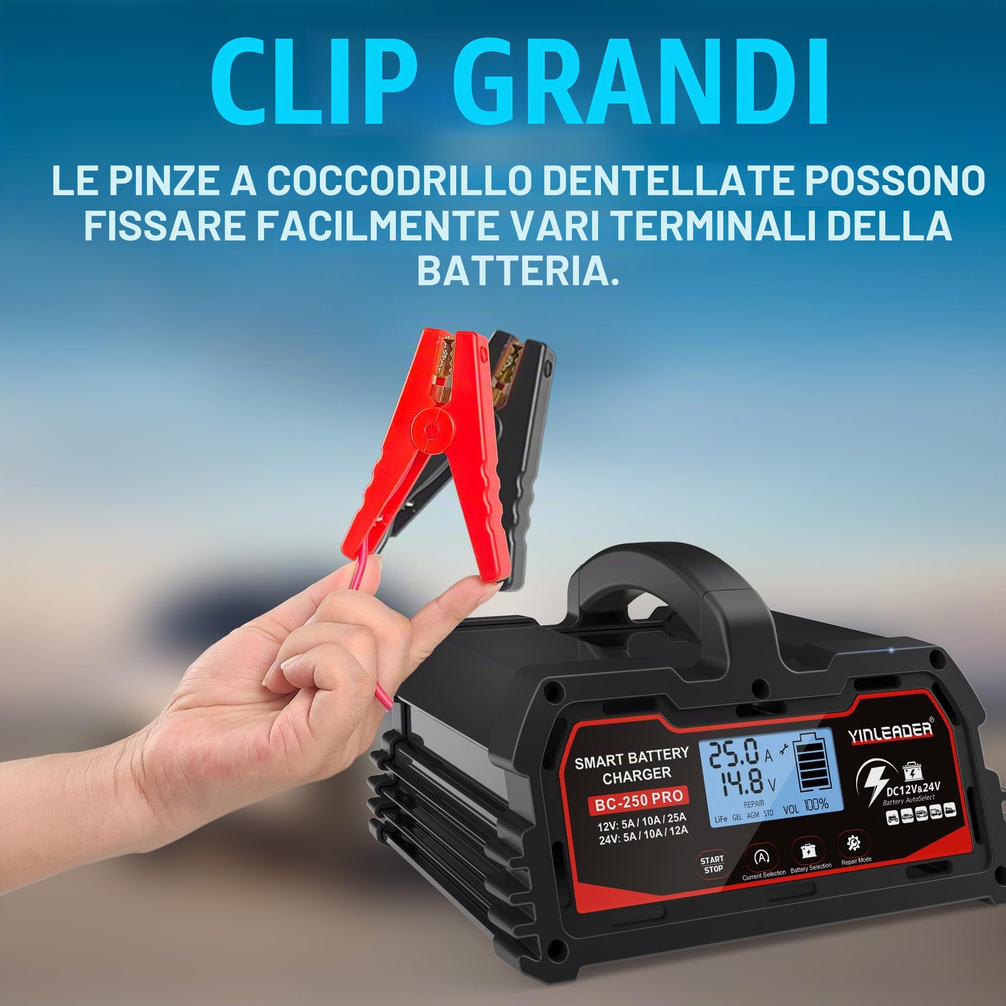 Caricabatteria da auto 25 A 12 V/24 V 12 A /10A/5A Caricabatteria da auto Smart Charger per auto completamente automatico con display LCD, per batteria per auto e moto e 12V LiFePO4 - nero