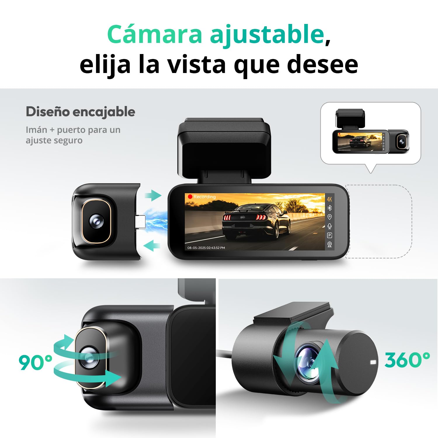 BOTSLAB Cámara para salpicadero 4K de 3 Canales, cámara para salpicadero Triple con Control por Voz, Pantalla táctil de 3,18 Pulgadas, Modo de estacionamiento 24/7, Tarjeta 128 GB incluida.