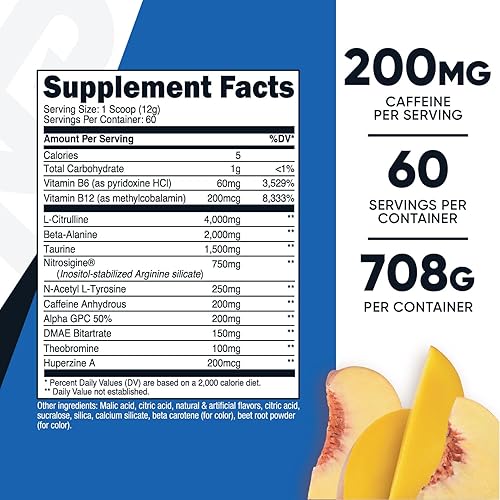 Miniatura 2 de Nutricost Polvo complejo pre-entrenamiento (60 porciones, mango melocotón) - Suplemento preentrenamiento con beta-alanina, taurina y aminoácidos