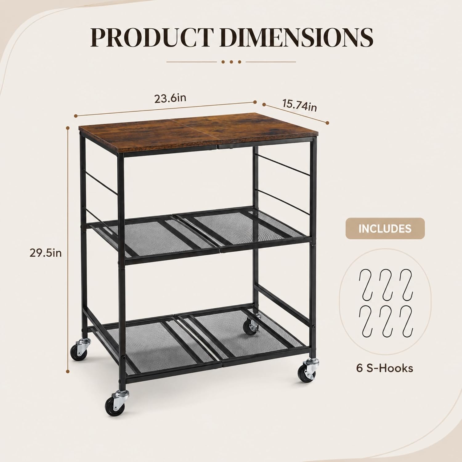 3-Tier Rolling Microwave Cart with Storage Shelf & 6 S Hooks, Microwave Stand for Small Appliances, Kitchen Storage Cart on Lockable Wheels, Coffee Bar Station for Kitchen, Living Room, Office