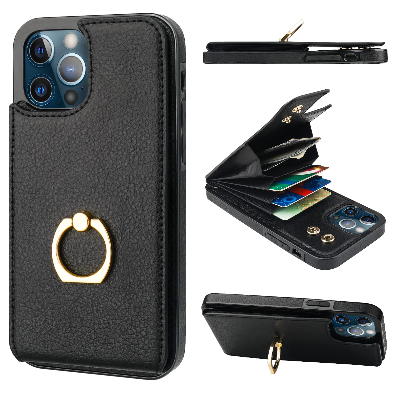 Folosu Compatible with iPhone 12/12 Pro Case Wallet with Card Holder, 360°Rotation Finger Ring Holder Kickstand Protective RFID Blocking PU Leather Double Buttons Flip Cover 6.1 Inch Black