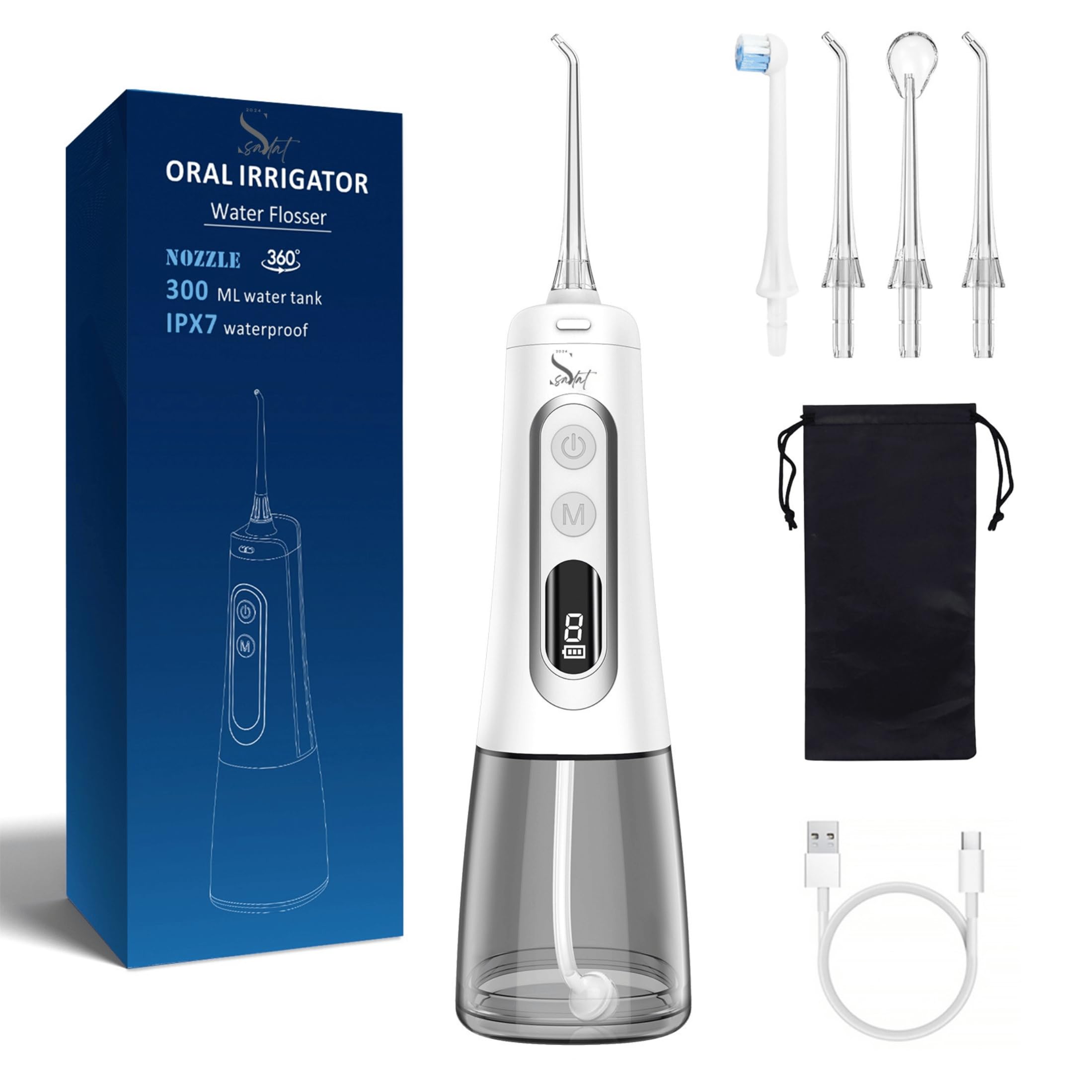Sadat Cordless Water Dental Flosser – 9 Modes, LED Screen, 300ML Portable Oral Irrigator, Rechargeable & IPX7 Waterproof, Teeth Cleaning Picks for