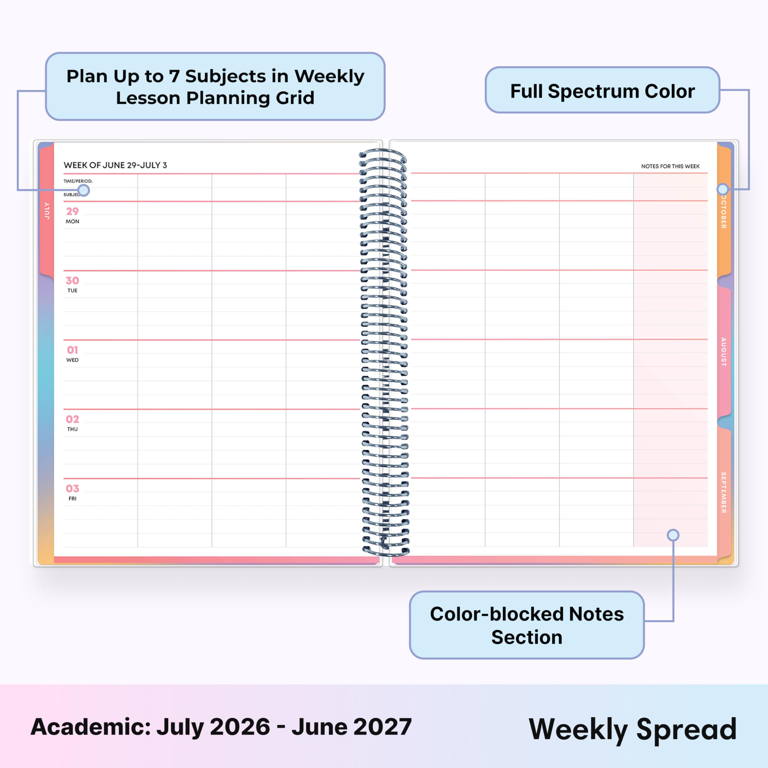 Blue Sky Teachwell Calendario settimanale e mensile 2026-2027, per insegnanti, anno accademico, luglio 2026-2027, 21,6 x 27,9 cm, copertina flessibile, rilegatura a spirale resistente, interno
