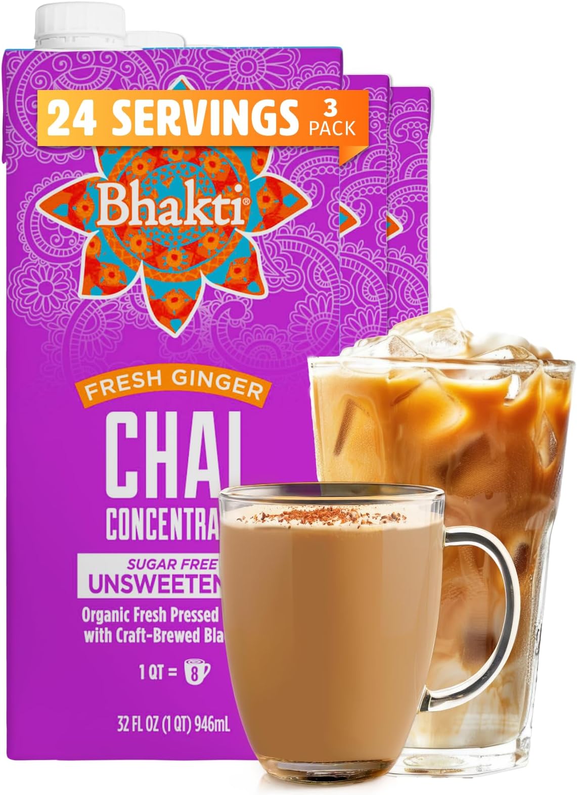Bhakti Chai Tea Concentrate | Unsweetened Sugar-Free Tea, Organic Fresh Ginger, Black Tea, Spiced, Dairy-Free, Vegan (Pack of 3) (24 Servings)