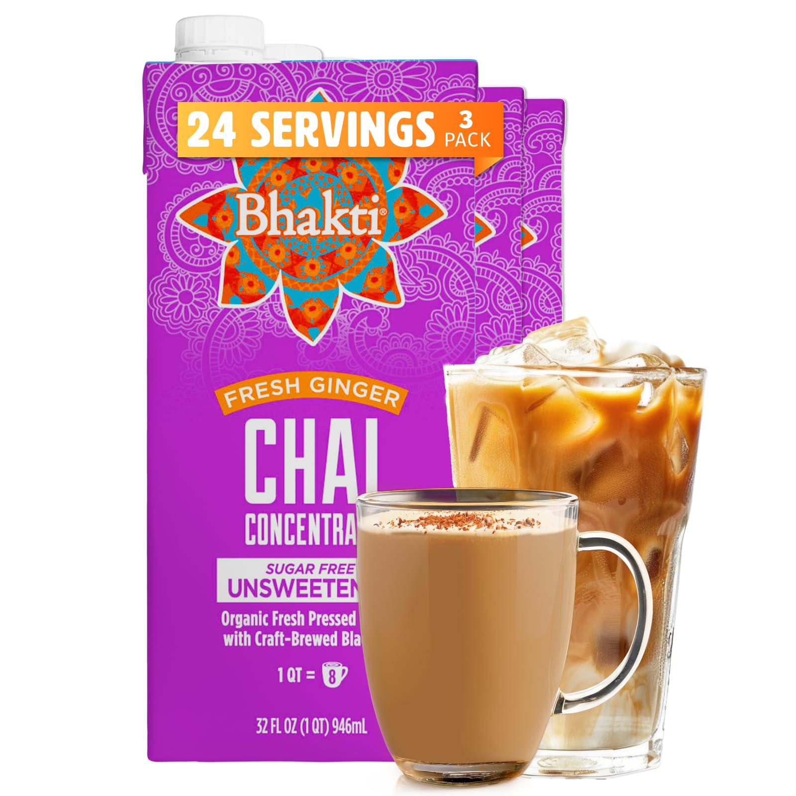 Bhakti Chai Tea Concentrate | Unsweetened Sugar-Free Tea, Organic Fresh Ginger, Black Tea, Spiced, Dairy-Free, Vegan (Pack of 3) (24 Servings)