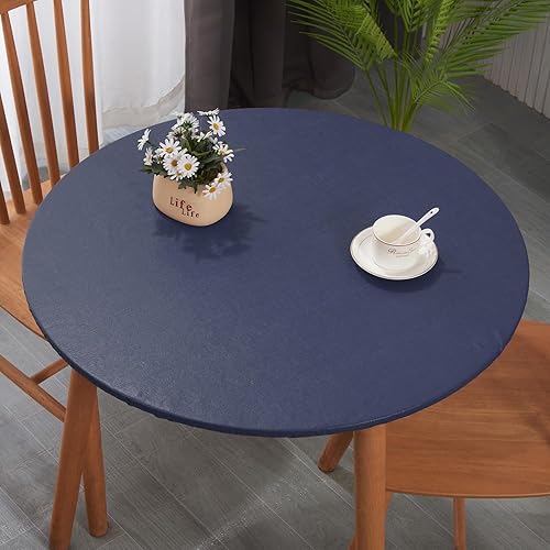 Round Plastic Table Cloth,with Soft Flannel Backing,100% Waterproof Round Vinyl Tablecloth with Elastic,Indoor/Outdoor Picnic Tablecloths.(Dark Blue, Fits 45" - 56" Round Tables)