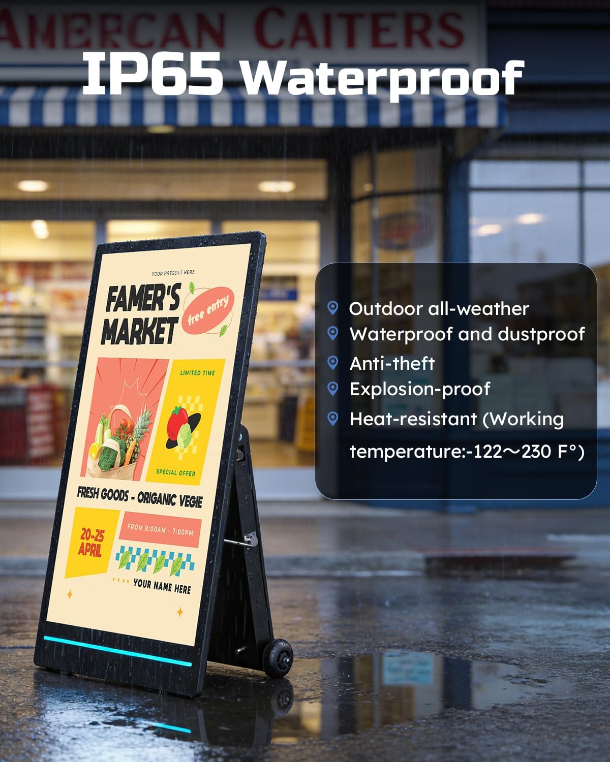 55" Outdoor Digital Signage Display, 2K 2000 Nits IP65 Commercial Totem, Rechargeable Digital LCD Advertising Kiosks, Auto Brightness Adjustment, Impact Resistant Screen for Restaurant/Store