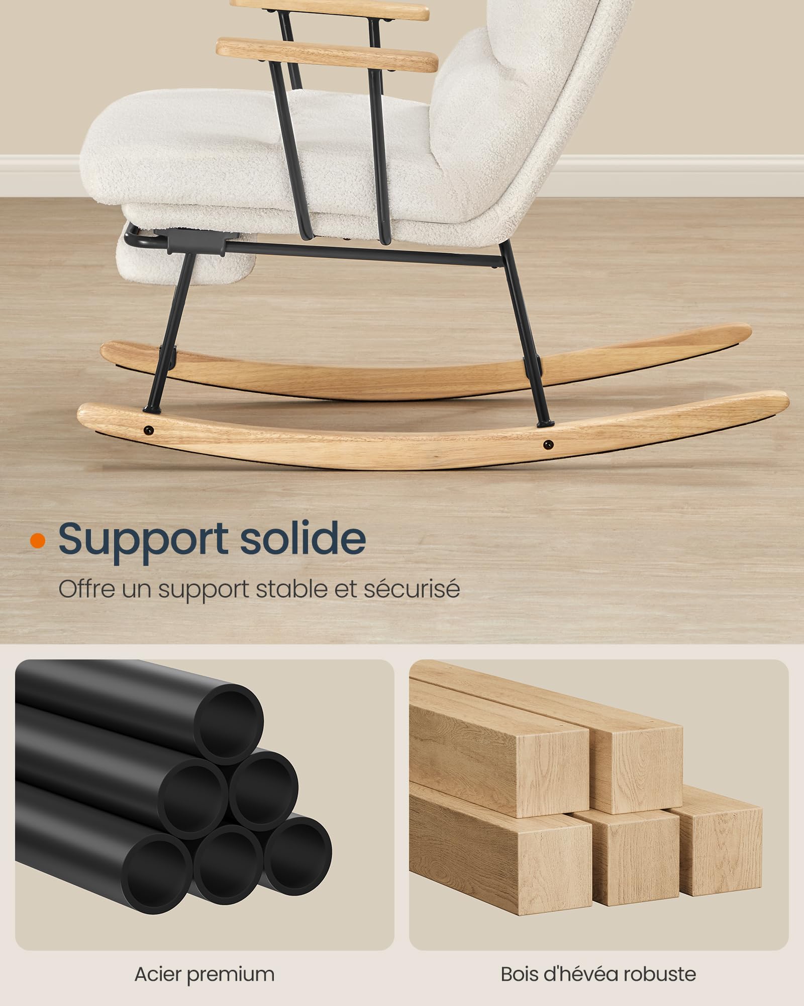 SONGMICS HOME Fauteuil à Bascule, Pieds en Bois d'Hévéa, Tissu Peluche, Chaise à Bascule, Dossier Réglable sur 4 Positions, Supporte jusqu'à 160 kg, pour Chambre, Salon, Blanc Crème LYY016W01
