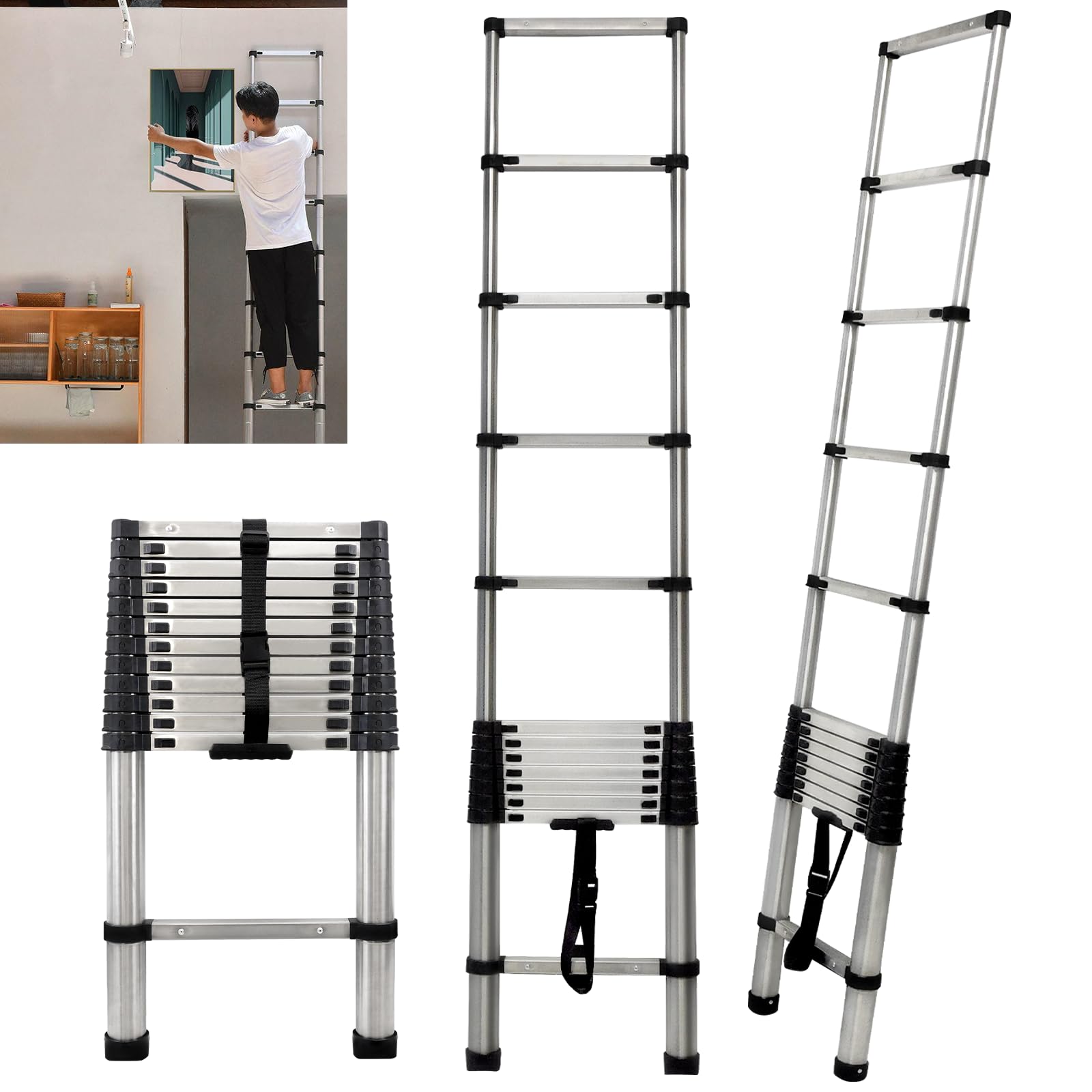 Ausziehbare Leitern 3.8M Arbeitsplattform Dachboden Leitern, Heavy Duty Edelstahl Teleskopleiter Mit Höhenverstellbaren & Anti Rutsch Gummifüße, 13 Schritt, Max Load 150kg/330lbs