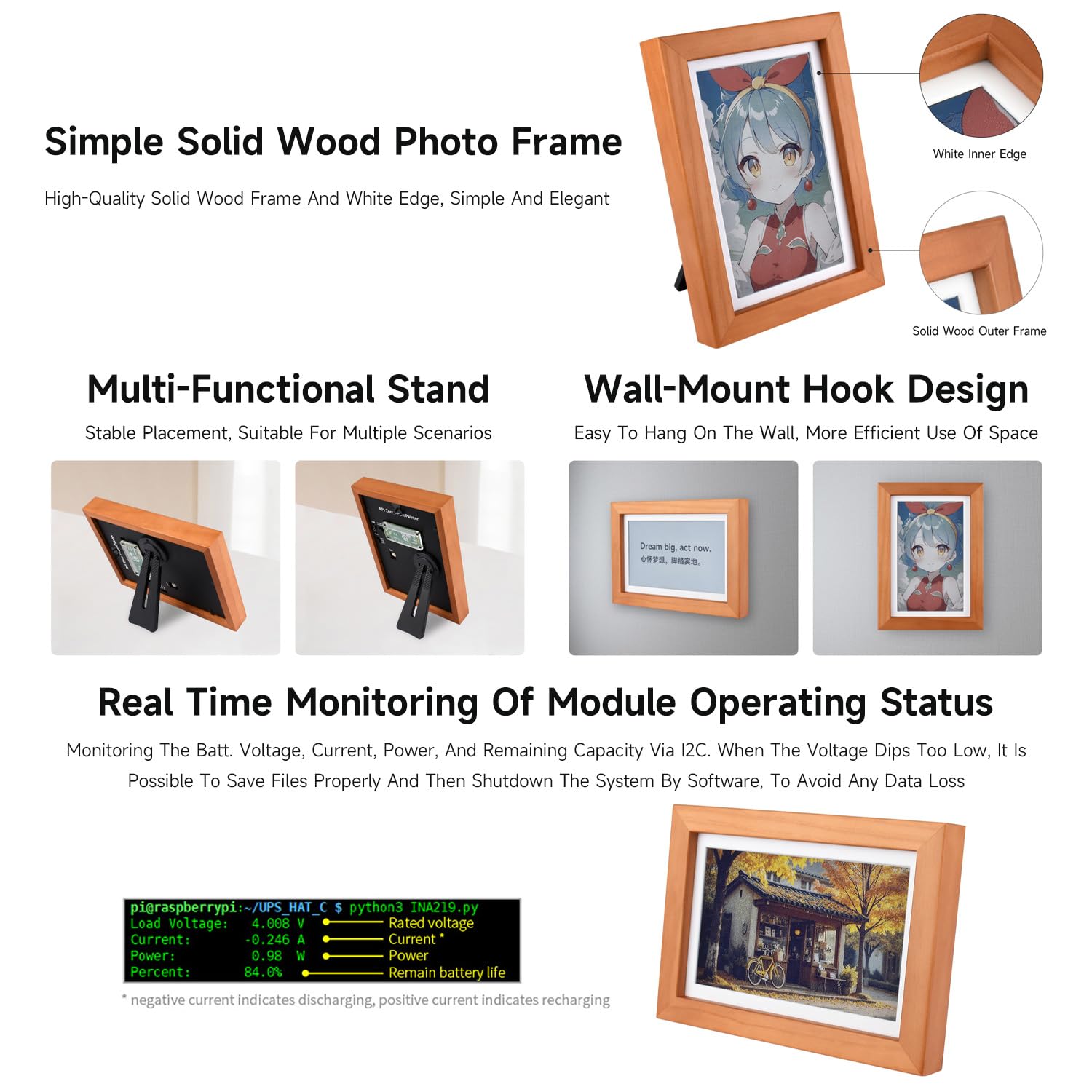 Waveshare 7.3inch E6 Full Color E-Paper with Solid Wood Photo Frame for Raspberry Pi Zero, Ultra-Long Standby, 800 × 480 Resolution, Bundle with Pi Zero 2 WHC, No Batt