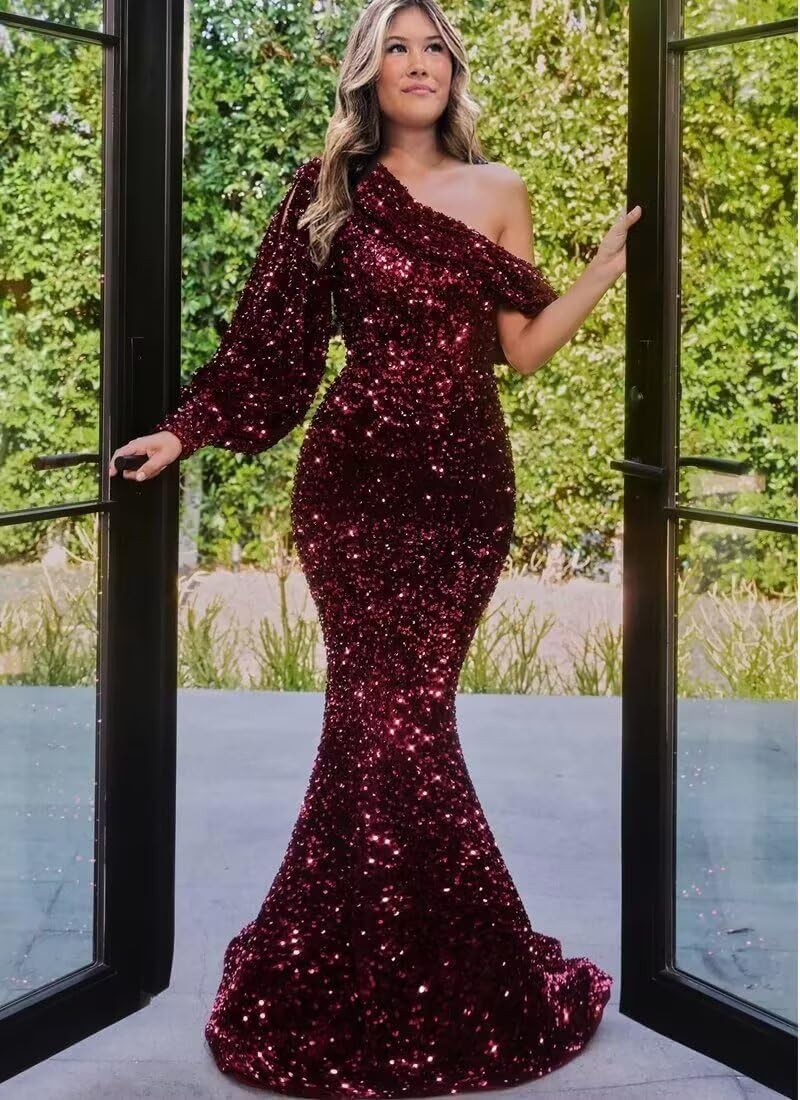 Sequin Mermaid Prom Dresses for Women Sparkly One Shoulder Evening Dress with Train Long Formal Gown - Image 3