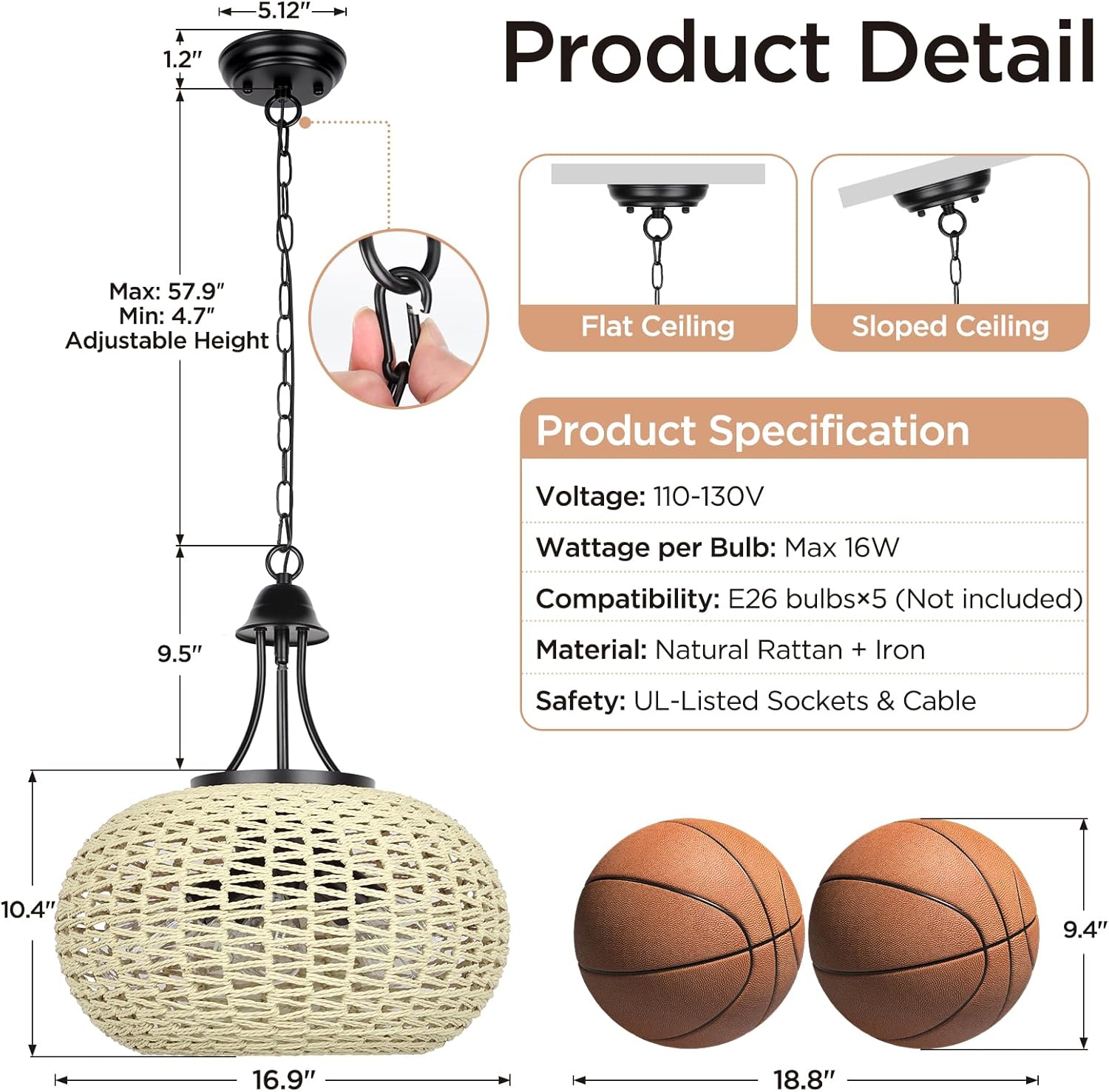 ropelux Boho Rattan Chandelier for Dining Room, 5-Light Farmhouse Chandelier Rustic Wicker Hanging Light Fixture, Coastal Hand Woven Large Pendant Light for Kitchen Island Bedroom Living Room (Beige)