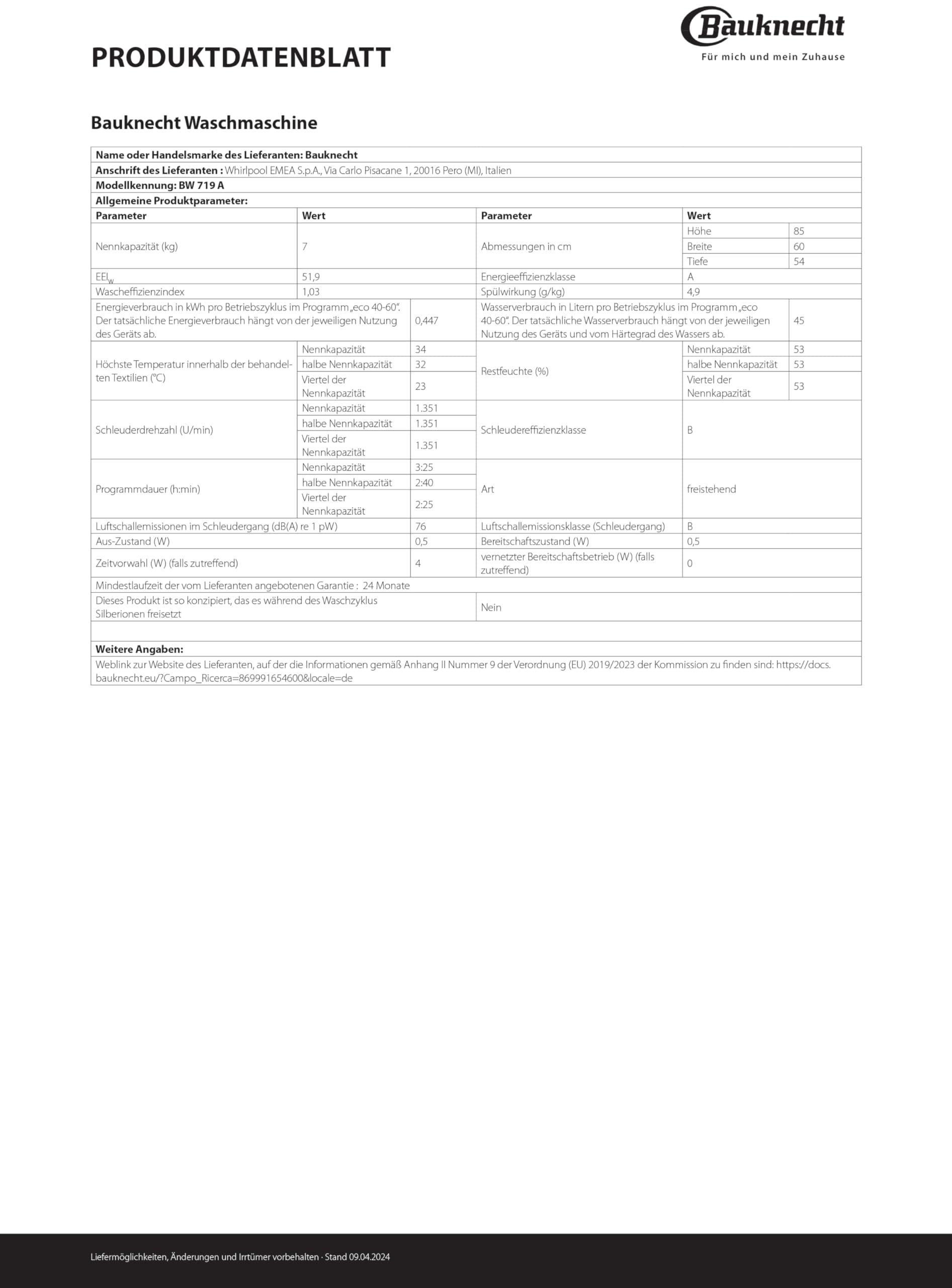 Bauknecht BW 719 A Machine à laver à chargement frontal / 7 kg/Classe d'efficacité énergétique A/Enlèvement puissant des taches/Court 45 / Clean Plus/Court 30 / Anti-allergie Plus/Quantité