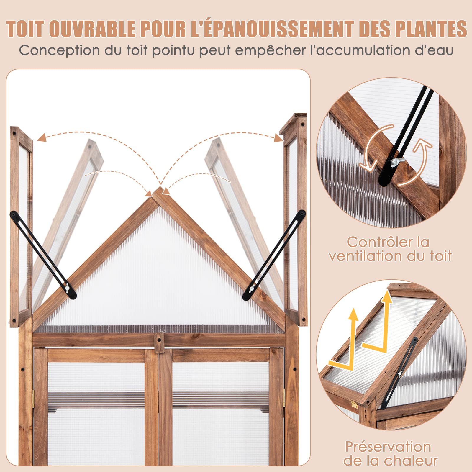 GOPLUS Mini Serre en Bois à encadrement Froid, étagère de jardinière surélevée avec Toit Transparent ouvrable, Portes Doubles et étagères à 3 Niveaux, Serre Portable pour Jardin, Cour, Balcon