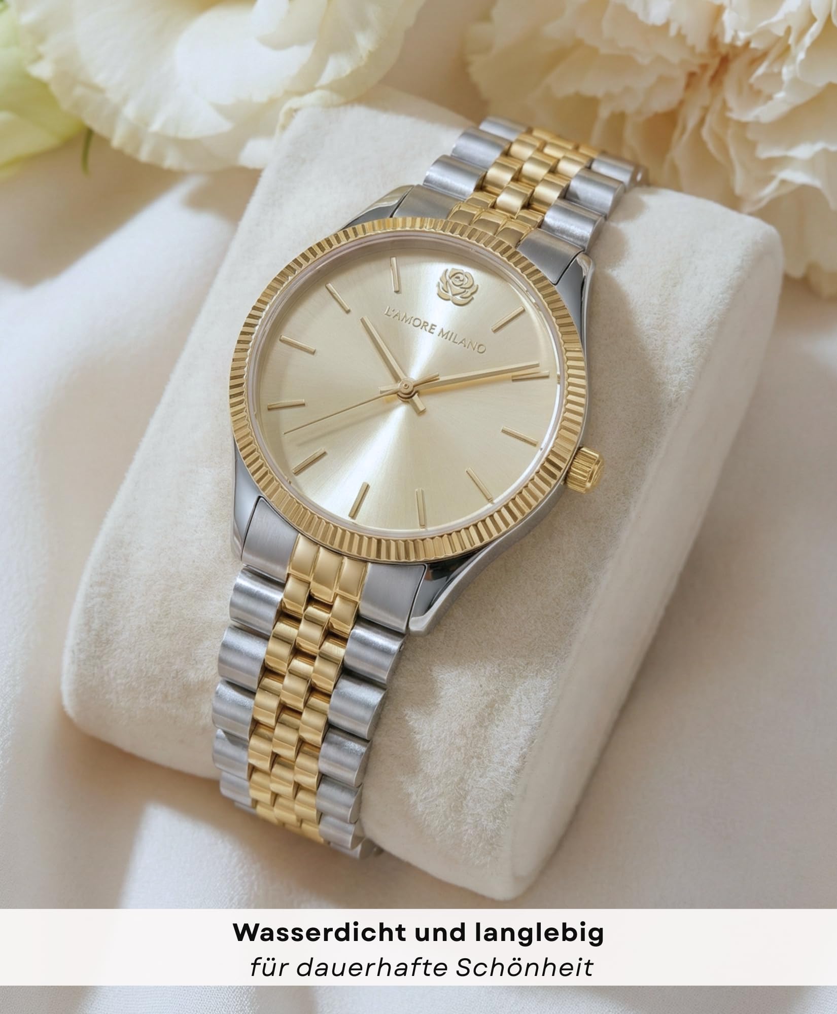 L'AMORE MILANO Damenuhr Weihnachten Frauen - Hochwertige Armbanduhr Damen in Rosenbox - Geschenke für Freundin, Mama - 32mm Damen Uhr Gold