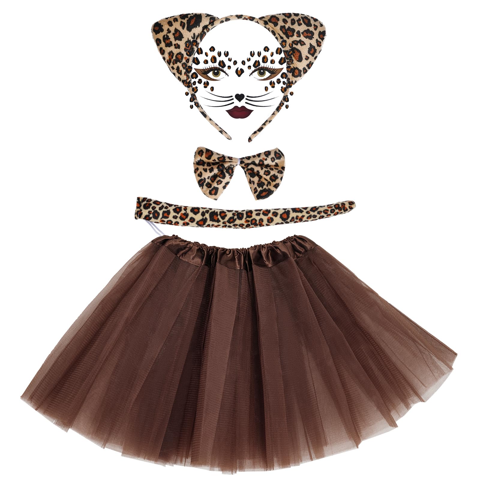 baotongle Leopard Costume Set Animal Leopard Headband Bow Tie Tutu Skirt Leopard Face Art Sticker Leopard Ears Headband for Costume Party Decoration Accessories (40 cm Skirt)