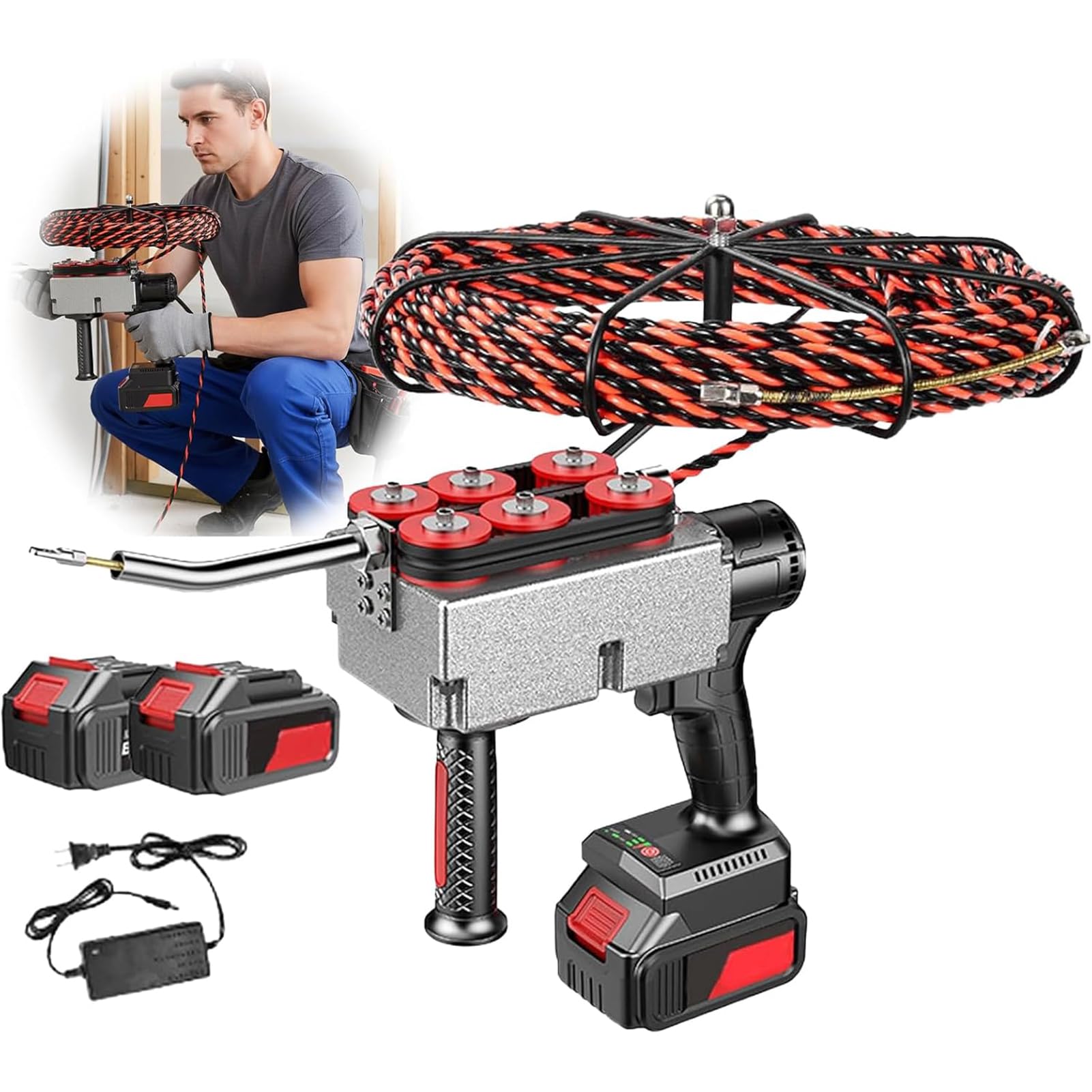 Suyaoquant Automatic Wire Stringing Machine, Electrician Wire Puller Through Wall With 15/30M Lead Wire and 1/2x25000mAh Battery, 40m/Min Speed, Auto-Stop Feature, Stepless Speed Control