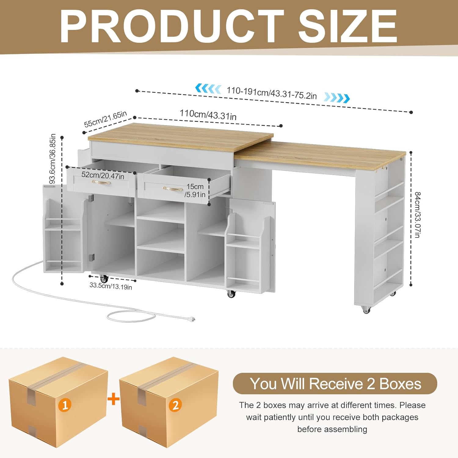 PAKASEPT Kitchen Island with Extendable Dining Table, Mobile Kitchen Storage Islands, Rolling Kitchen Cart with Two Cabinet, Power Outlet, Spice Rack & Towel Rack