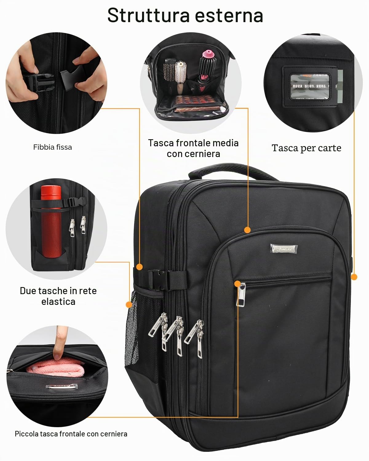 Valigetta cosmetica zaino extra grande beautycase professionale da viaggio borsa per trucchi da donna, organizer per trucchi a 3 strati, con 4 piccole borse cosmetiche, Nero , Valigetta per cosmetici