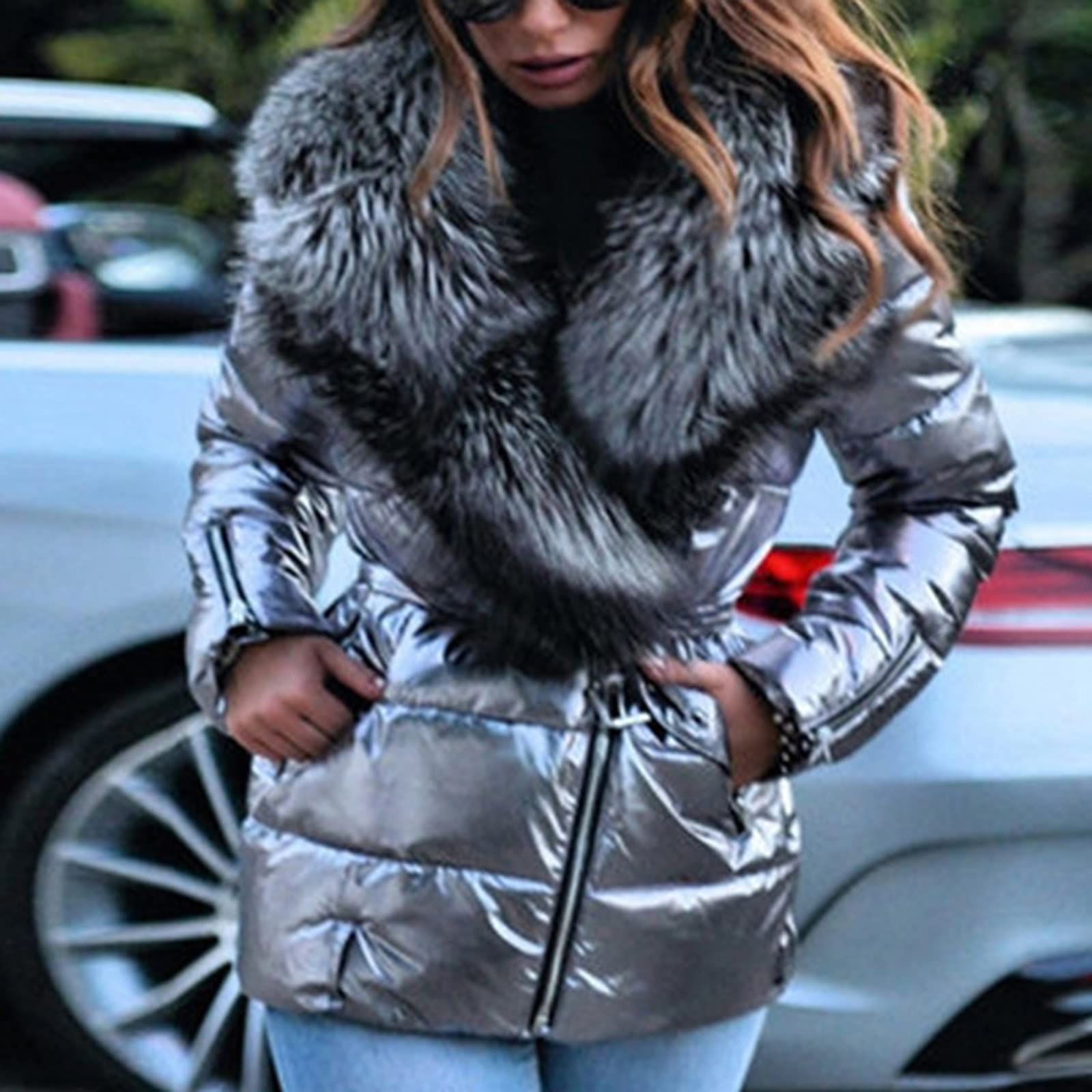 Daunenjacke Damen Winter Kurz Glänzend Winterjacke Warm Fellkapuze Steppjacke Gefüttert Dicke Mit Kapuze Puffer Jacke Reflektierend Mit Reissverschluss Kurze Daunenmantel Kuschelig Steppmantel