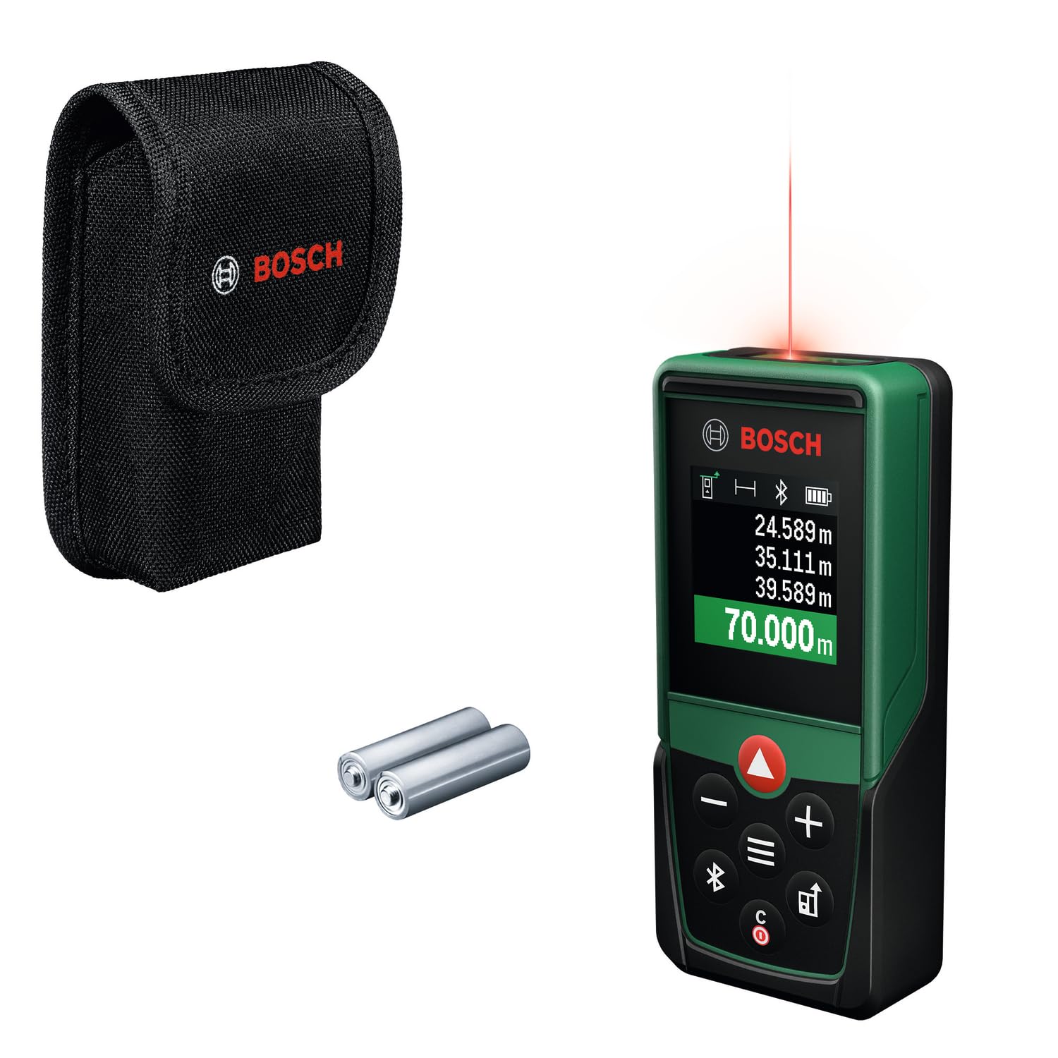 Bosch Laser-Entfernungsmesser PLM70-23C (Messbereich bis zu 70 m, Bluetooth-Konnektivität, Flächen- und Volumenberechnungen, hochwertiges Farbdisplay, kompatibel mit der Bosch MeasureOn App)