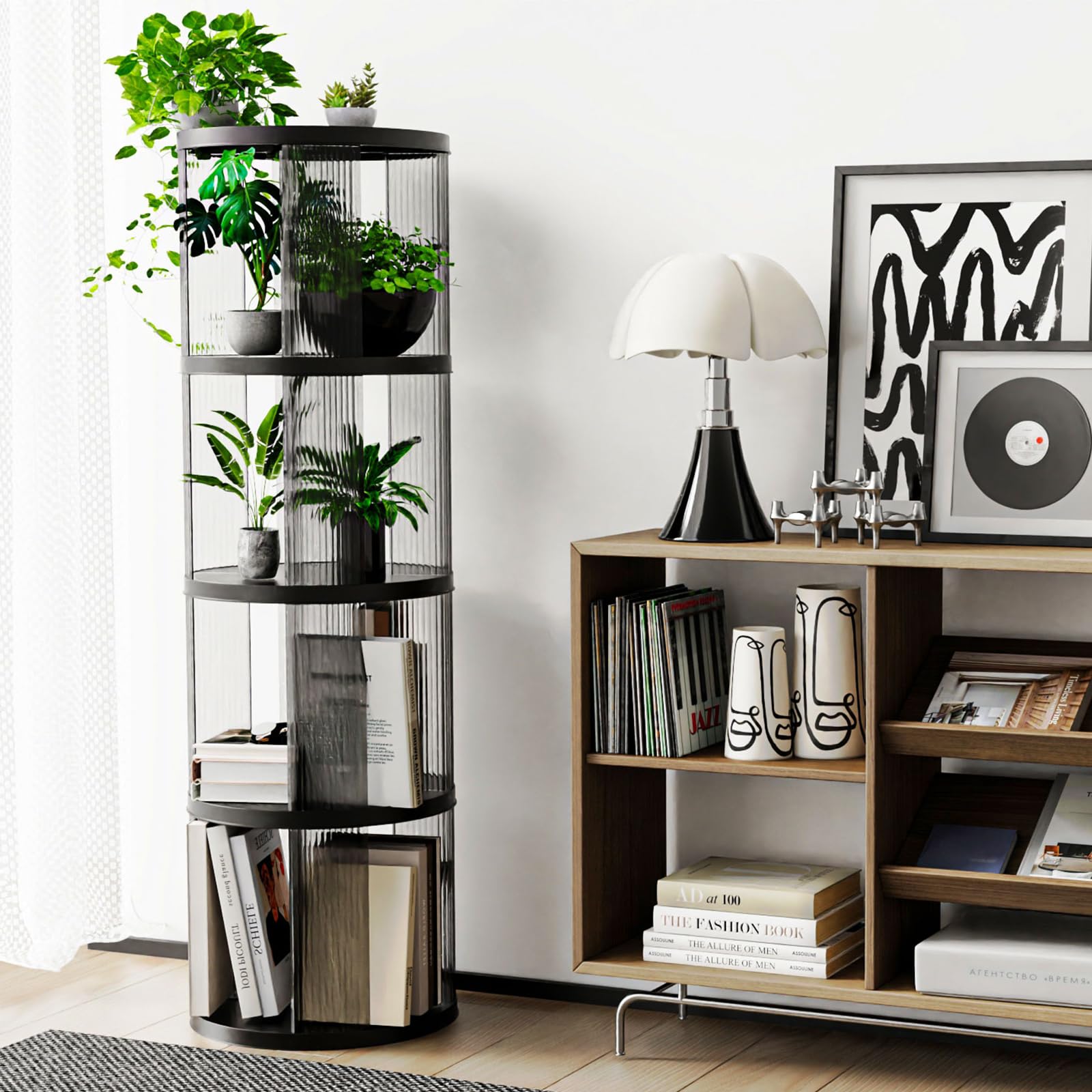 ELPHECO Drehbares Bücherregal, 4 Etagen, Kunststoff, Schwarz, Classic, Eck-Bücherregal für kleinen Raum, 360-Grad-Display, Organizer für Wohnzimmer, Schlafzimmer, Arbeitszimmer