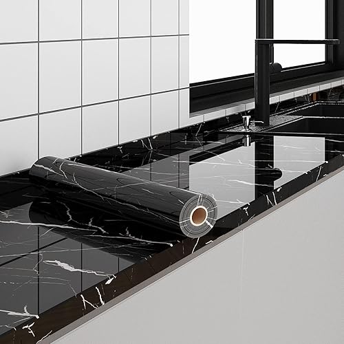 FUKU MON 24"x394" Black Marble Wallpaper Marble Contact Paper for