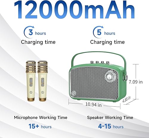 Miniatura 7 de Karaoke Machine, 120W Peak Bluetooth Karaoke Speaker with 2UHF Microphones, Small PA System for Adults Kids with BassTrableEcho Adjustment, Supports