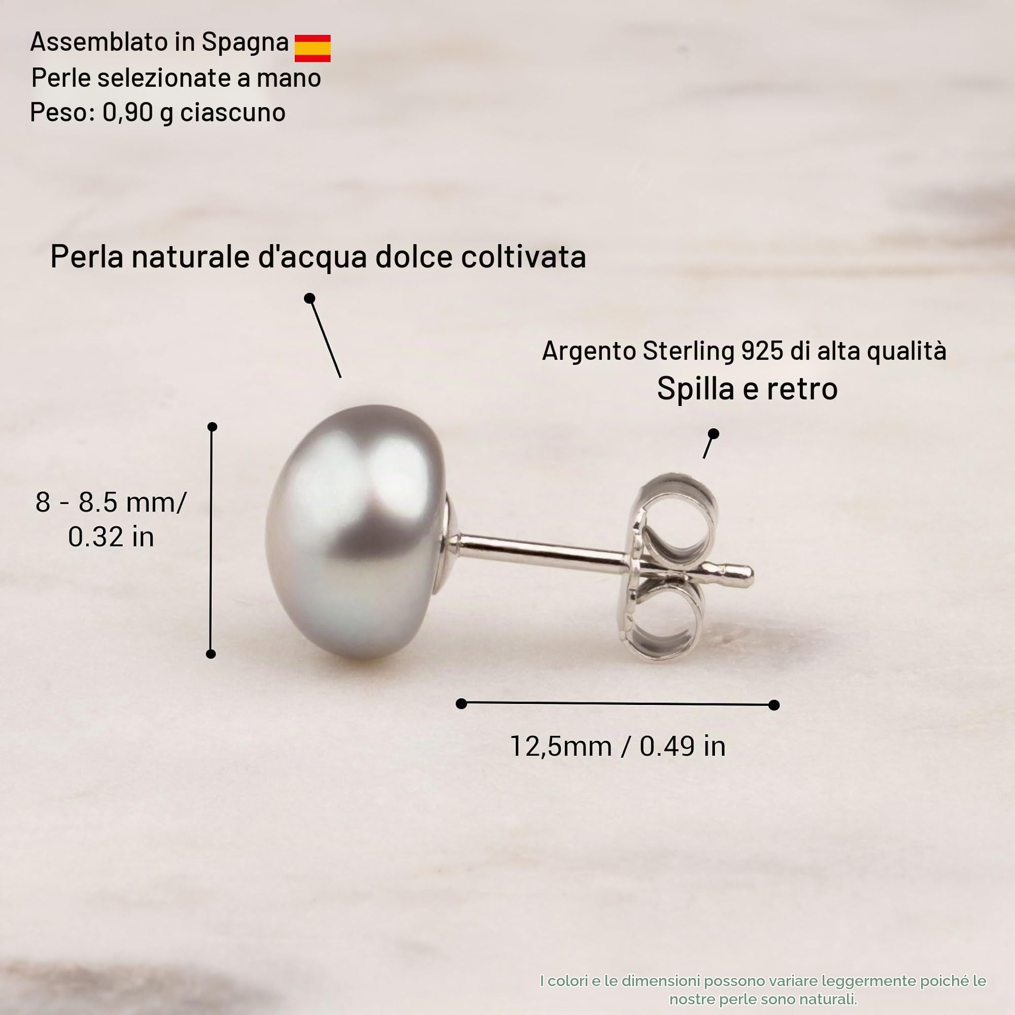 Orecchini da donna di perle bottone coltivate d'acqua dolce in grigio SECRET & YOU - Argento sterling 925 - Disponibile in 4 misure da 8 mm a 11 mm