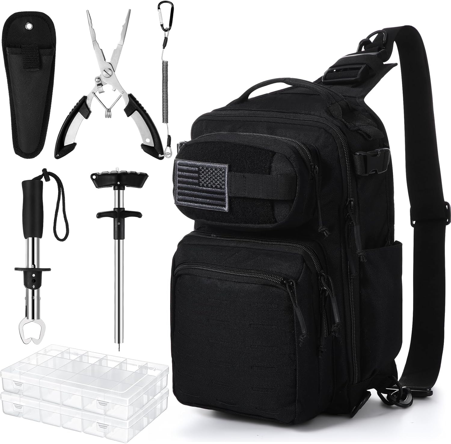 RoundFunny 9 Pcs Fishing Tool Kit Pliers Gear and Equipment Include Large Fishing Backpack, Tackle Box, Gripper, Plier, Lanyard, Hook Separator, Sheath, Patches