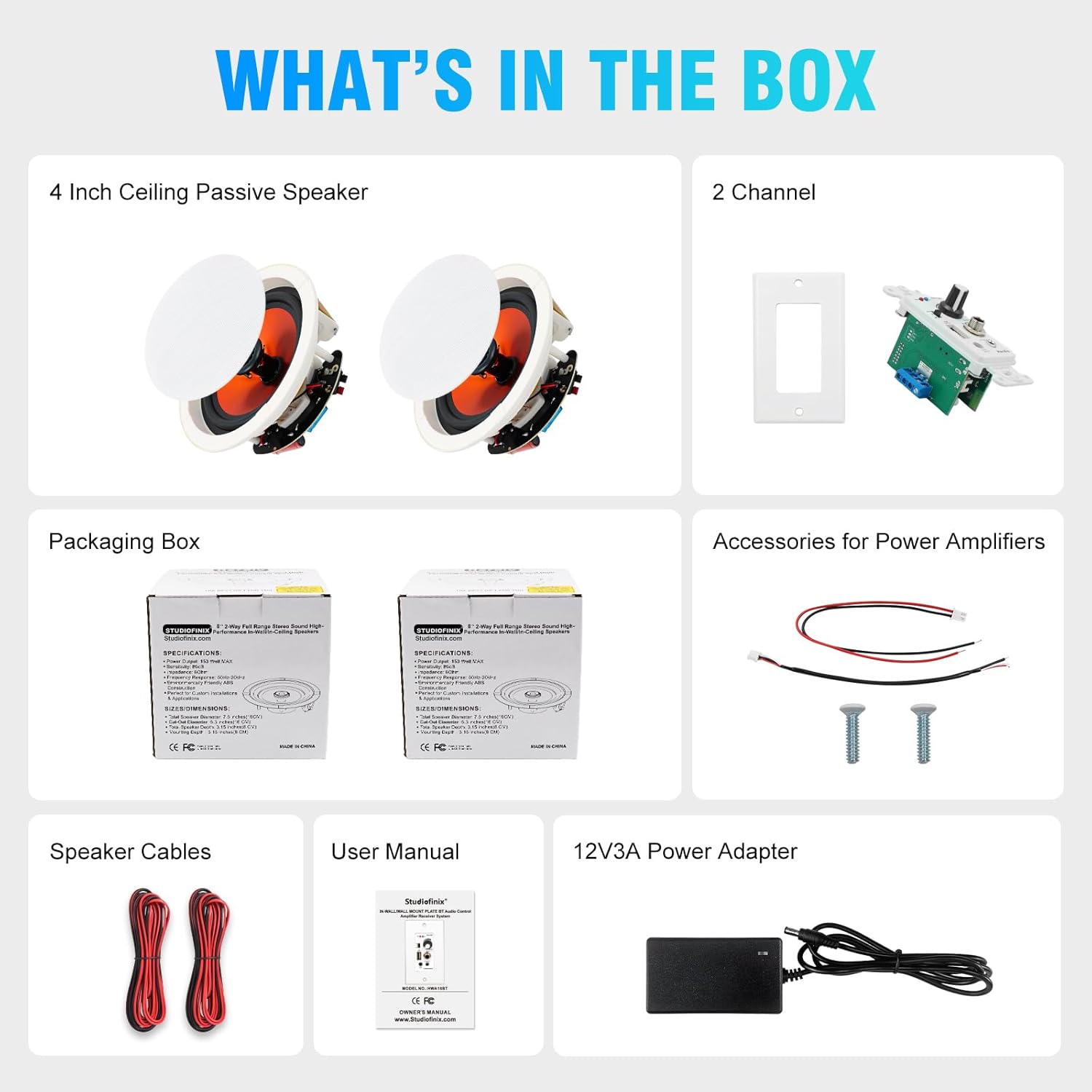 STUDIOFINIX 4-Inch Bluetooth Ceiling Speaker System with A 2-Channel Wall Amplifier,240W Max Power Output Pair - Perfect for Clear Sound in Living Room, Office, Kitchen, Basement & Covered Patio - Image 9