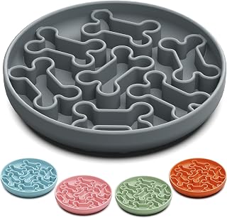 Silicone Slow Feeder Dog Bowl – Gray Bone Pattern | Food-Grade Non-Slip Dog Dish for Anti-Bloat, Fast Eating Prevention, 7.5” x 1.5”, Dishwasher Safe