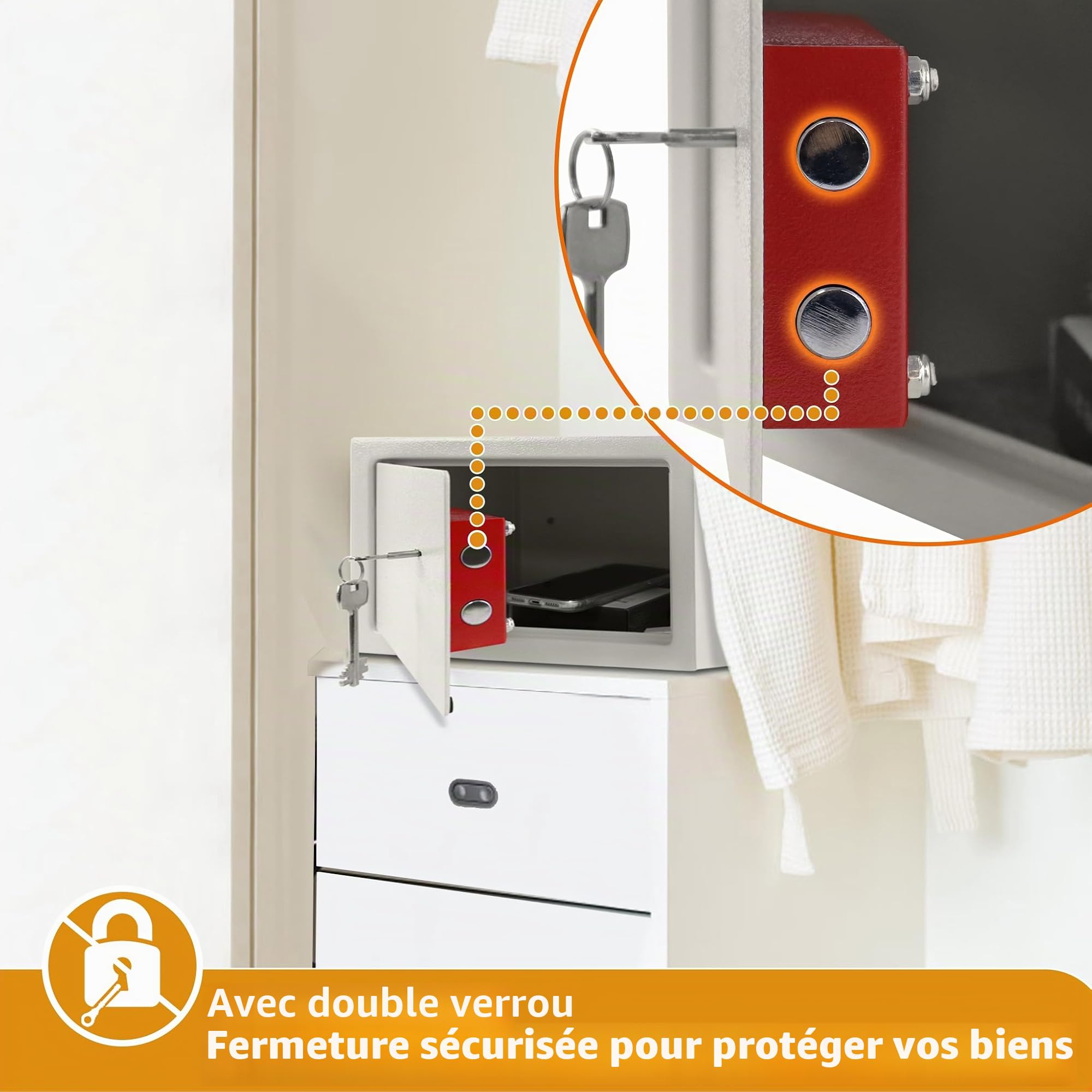 Coffre-fort pour la maison Petit coffre-fort de meubles avec clé en acier au carbone Coffre-fort mural résistant au feu et à l'eau, 31x20x20cm