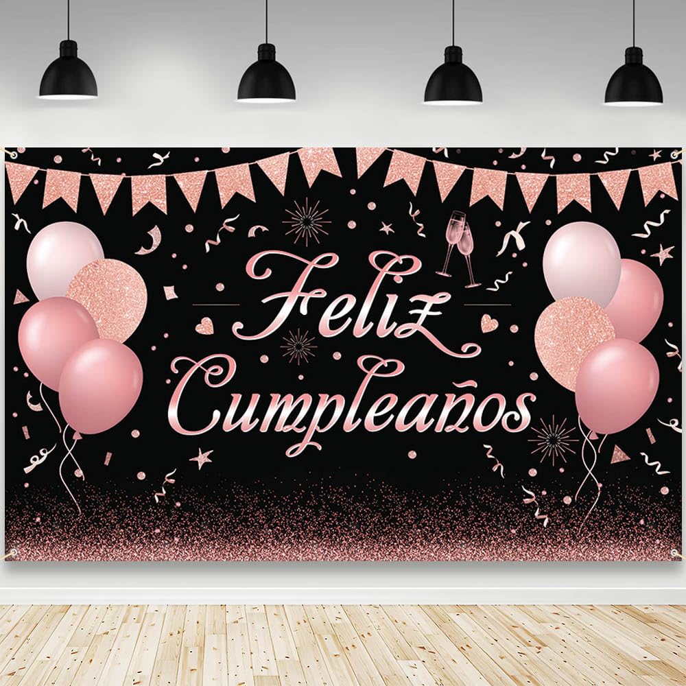 AIBIIN Feliz Cumpleaños Backdrop Happy Birthday Photograpy Background Rose Gold Glitter Balloon Birthday Party Decorations Banner Photo Props 70.8 x