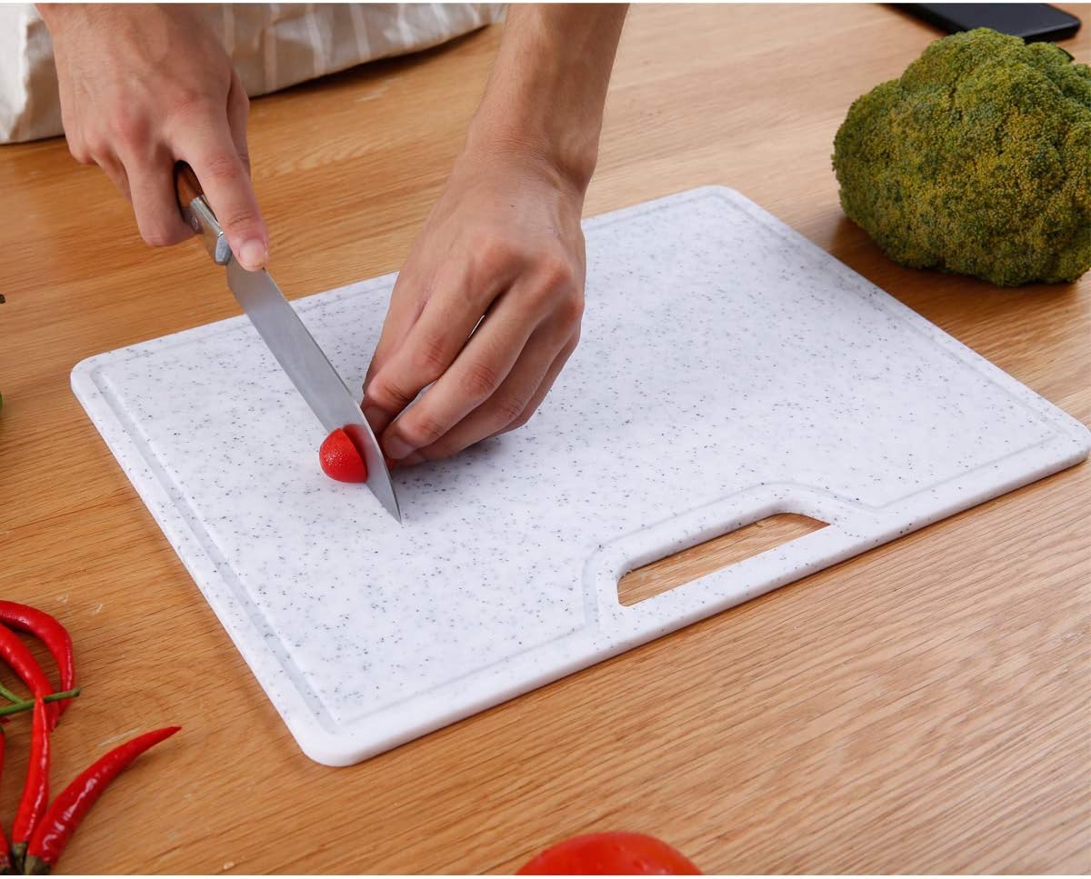 Gеt Dіѕсоunt оƒƒеr Plastic Cutting Board Set for Kitchen (2-Piece), Dishwasher Safe, Juice Grooves, Marble Appearance, Large Thick Boards, Food Safe Material, Non-Porous, BPA Free, Easy Grip Handle (Set, White)