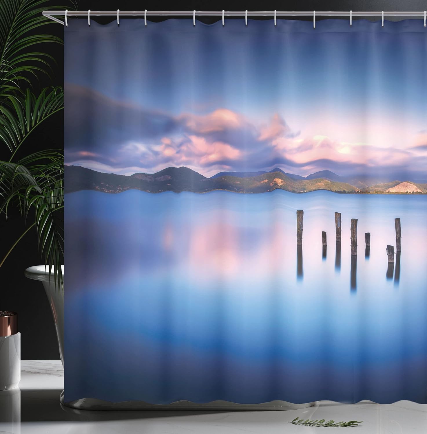 Ambesonne Nature Shower Curtain, Wooden Pier Tops Remain in Lake with Sunset Mirror Image Out Different Perspectives, Cloth Fabric Bathroom Decor Set with Hooks, 69" W x 70" L, Royal Blue