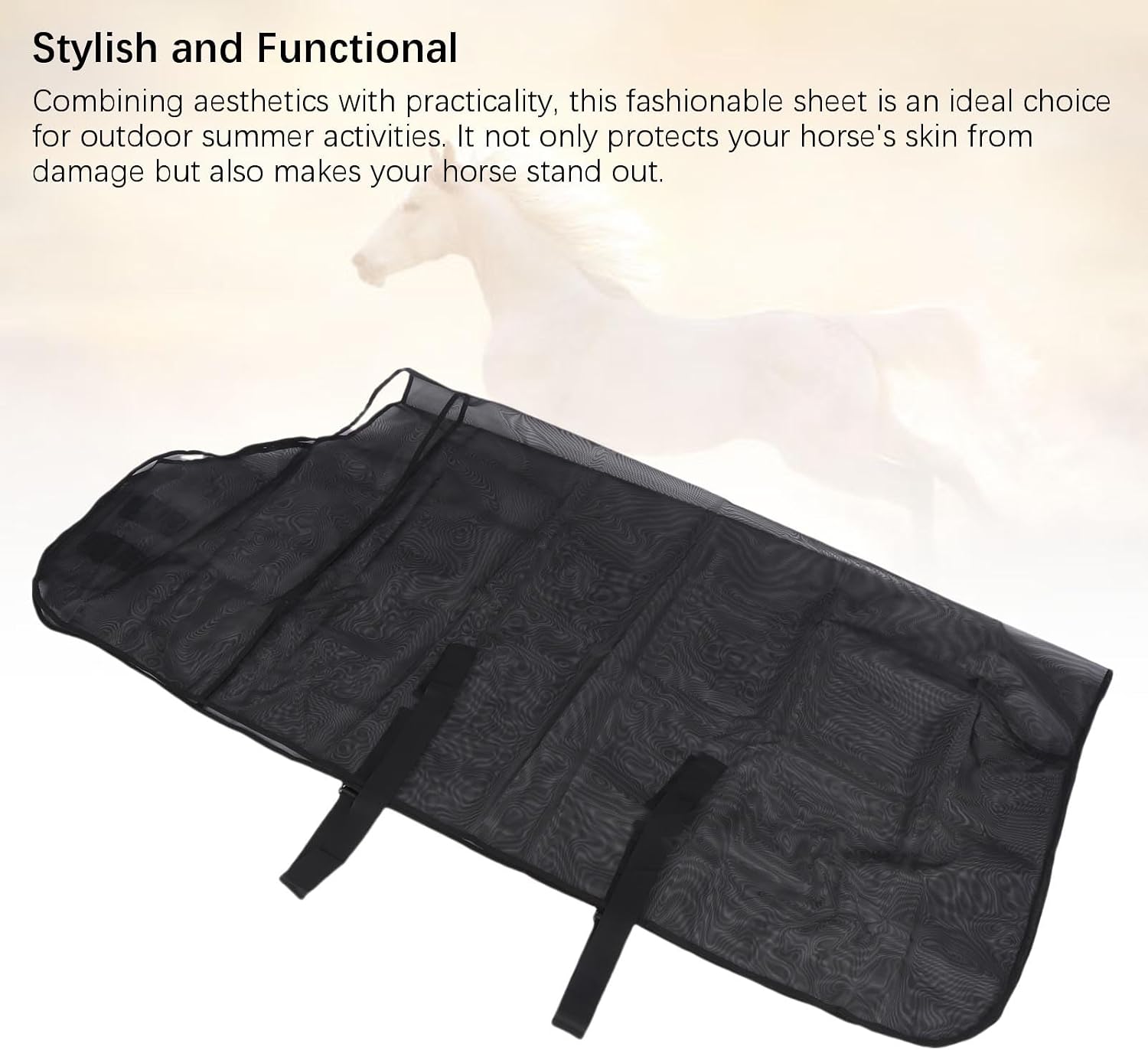 Horse Mesh Fly Sheet Breathable Sun Proof Abrasion Adjustable Horse Care Sheet for Summer Riding Outdoor Activities Nylon Material 154x186cm