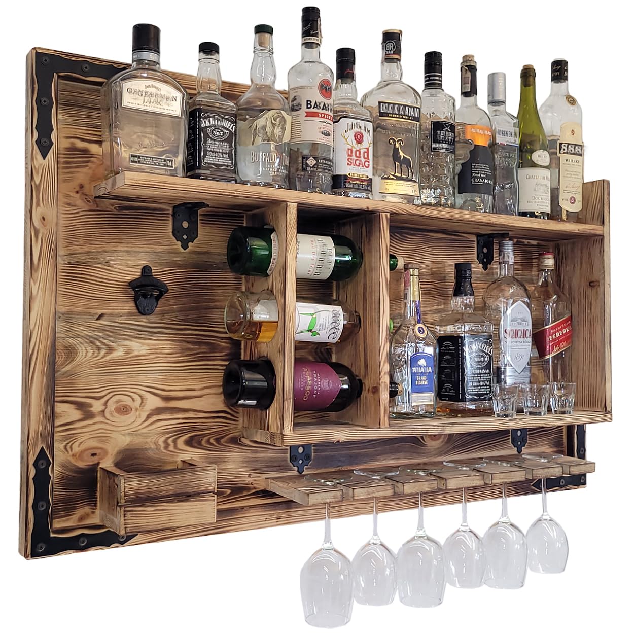 weeco Holzregal Hausbar zum Hängen - Handgemacht Rustikale Stil Wand Bar Flaschenregal Holz - Weinbar Regal Geschenk für männer - Hölzernes 3D-Bild Schnapsbar