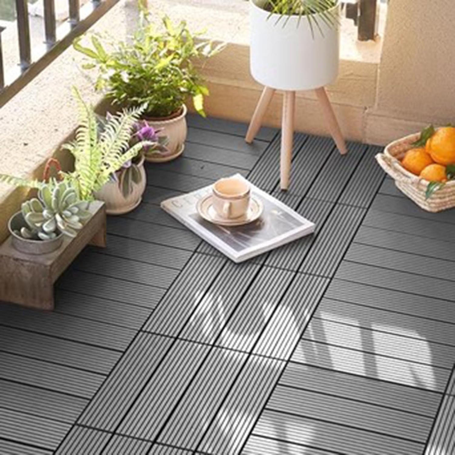 Dalles et lames de terrasse en composite, Tuiles de terrasse extérieures composites en bois imbriquées, paquet multicolore de 12(Grey)