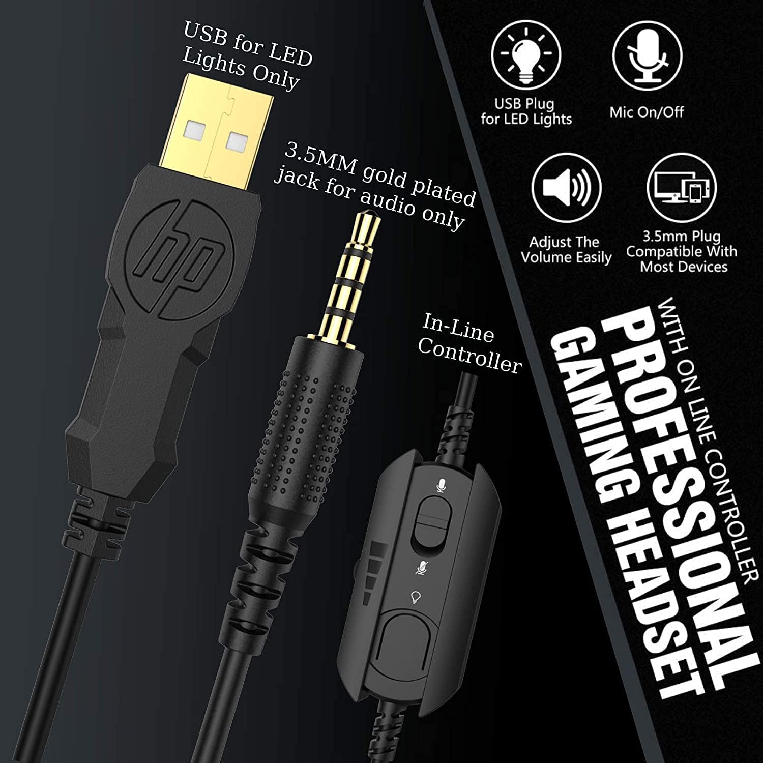 HP Gaming Headset for PS4, Xbox One PC Controller with Bass Surround Sound, LED Light and Noise Isolating Over Ear Headphone with Mic Plus 3.5mm USB Cable for Laptop Mac Nintendo Switch Games