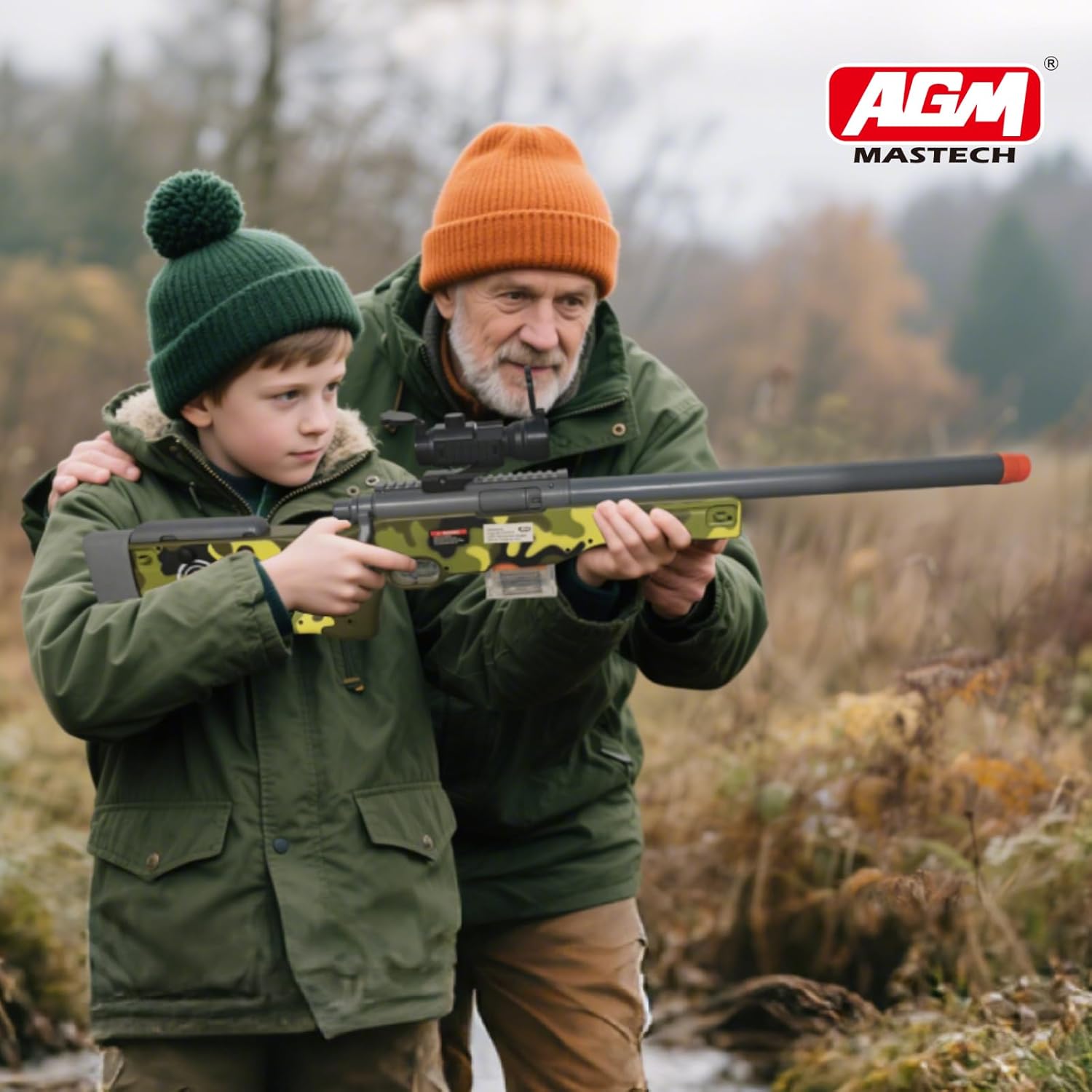 AGM MASTECH AWM Foam Dart Blaster, Shell Ejecting Model with Scope, Metal Components, Foldable Stock, 40 Darts, 20 Shells. Tactical CS Game Prop for Teens 14+ and Adults (Camo Green)