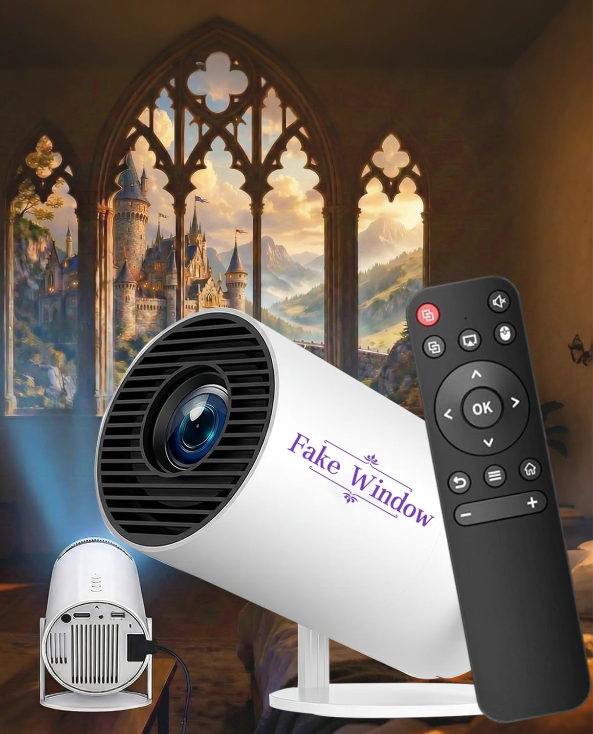 Fake Window Projector for Reading, 4k Window Scene Pre-Installed App for Instant Fantasy Ambience Scenes, 210° Rotation & Built-In Speaker , ±15° Auto